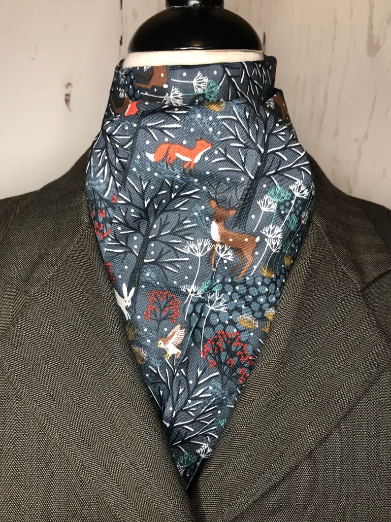 Four Fold Stock Tie Foxhunting Traditional Stock Tie Horse Show Unique and Fun!! BLUE winter woodland scene