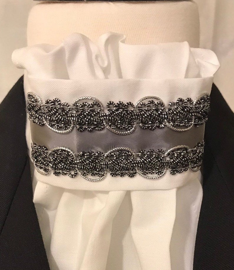 Horse Show Tie Dressage Stock Tie Pre-tied Eventing Stock Tie Handmade Dark silver satin and silver metallic braid on White Stock Tie
