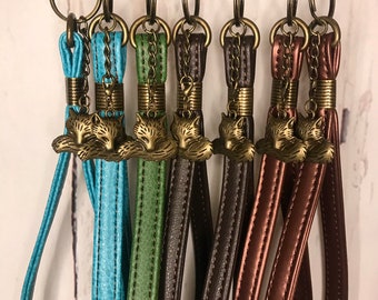 Antique Bronze Keychain with faux leather or vinyl wristlet and antique bronze fox charm, many color options, brown copper green turquoise