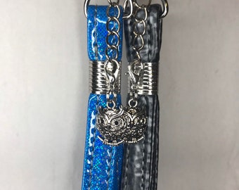 Silver Keychain with faux leather or vinyl wristlet and silver owl charm