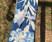 Four Fold Stock Tie, Foxhunting Traditional Stock Tie, Horse Show Stock Tie, Blue and white Roses and Chrysanthemums on Blue Background