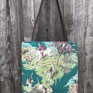 Large Tote bag with Vintage Foxhunt Barkcloth, BROWN Vegan (faux) Leather, designer handmade tote - choice of rivet metal finish