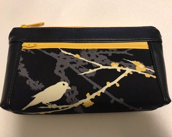 Zipper pouch with front zip pocket, Black and Gold Bird on a flowering tree branch,  Double zipper clutch purse black vinyl faux leather