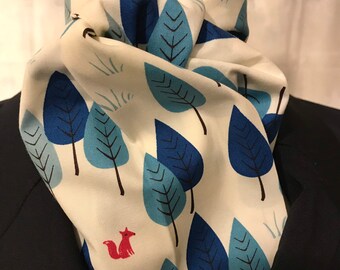 Four Fold Stock Tie, Foxhunting Stock Tie, Traditional Four Fold Stock Tie, Horse Show Stock Tie, Blue Forest with Red Foxes