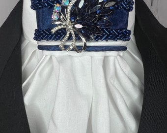 Navy Blue and white with blue beaded trim White Cotton Stock Tie, Dressage Stock Tie, Eventing Stock Tie