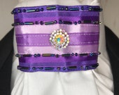 Purple Satin Ribbon and Beaded Trim, White Cotton Stock Tie, Pin Included, Dressage Stock Tie, Eventing Stock Tie