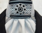 Silver grey and black trim on white and grey metallic cotton, Stock Tie Pin Included, Dressage Stock Tie, Eventing Stock Tie, Horse Show