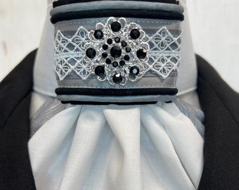 Silver grey and black trim on white and grey metallic cotton, Stock Tie Pin Included, Dressage Stock Tie, Eventing Stock Tie, Horse Show