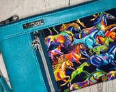 Wristlet purse with vertical front zip pocket, pool blue turquoise faux leather rainbow horses