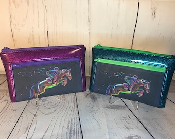 Colorful Jumper Horse Wristlet purse with front zip pocket, Equestrian double zipper pouch, clutch purse