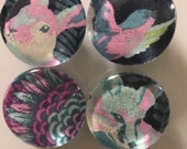 Fabric and Glass Magnet - Modern fox, rabbit, sparrow and floral blue, pink, green - set of four 1 1/8th inch diameter