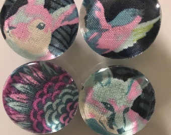 Fabric and Glass Magnet - Modern fox, rabbit, sparrow and floral blue, pink, green - set of four 1 1/8th inch diameter