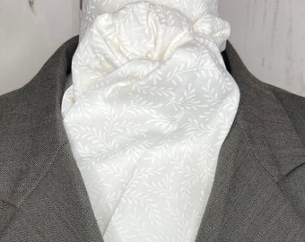 White Four Fold Stock Tie, Formal White Stock Tie, Traditional Foxhunting Stock Tie, Ferny Flora White tone on tone