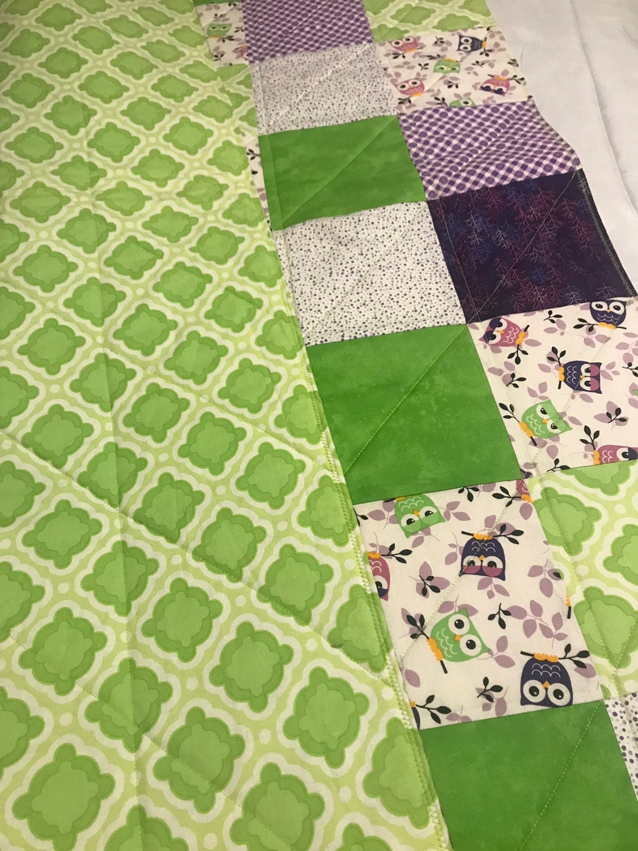 Modern Baby Quilt Purple and Green Owls Quilt With Green | Etsy