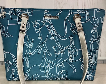 Handbag with Dressage Horses and Riders on Teal and textured silver faux leather, Waterproof canvas lining, silver hardware