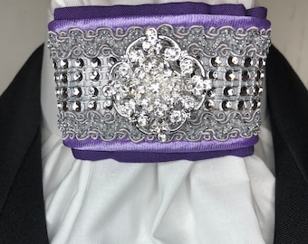 Purple and Silver Satin Ribbon and Trim, White Cotton Stock Tie, Pin Included, Dressage Stock Tie, Eventing Stock Tie