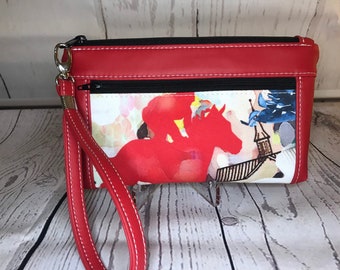 Red vinyl with thoroughbred racehorse wristlet. Zipper pouch with front zip pocket, double zipper wristlet, clutch, zipper pouch