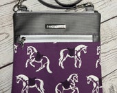 Crossbody bag silver with purple equestrian dressage theme, silver hardware, waterproof canvas lining, faux leather purse
