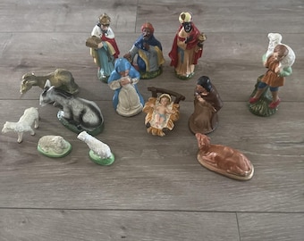 Vintage Chalkware Nativity Set Hand Painted Christmas Figures Japan Animals
