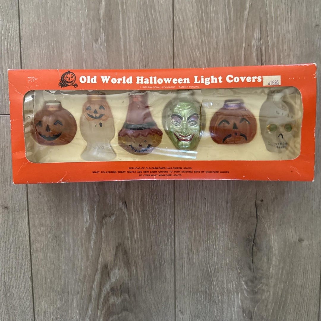 Vtg OLD WORLD HALLOWEEN Glass Light Covers Box Set of 6, Pumpkins ...
