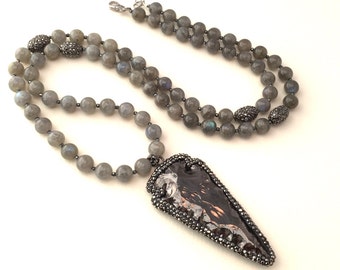 labradorite with gunmetal pave arrowhead necklace - labradorite necklace - pave arrowhead necklace - arrowhead necklace