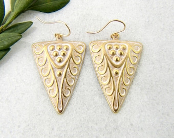 white patina triangle earrings with 14k gold filled ear wires - triangle earrings - white patina earrings - brass earrings - boho earrings