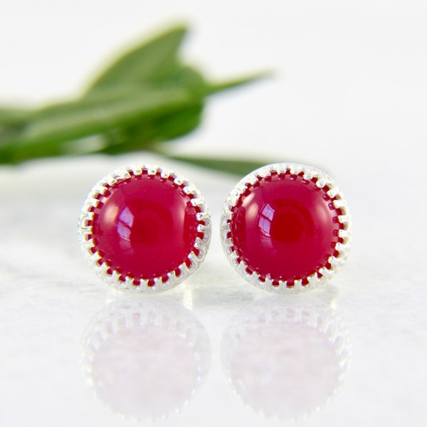 ruby red chalcedony stud earrings in sterling silver - ruby chalcedony studs - pink stud earrings - pink studs - hot pink studs - 8mm studs