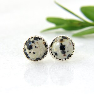 dalmatian jasper stud earrings in sterling silver | jasper studs | dalmatian jasper studs | black studs | gemstone studs | 8mm studs
