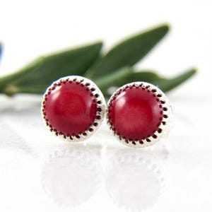 red coral stud earrings in sterling silver - red coral studs - red studs - coral studs - coral earrings - bamboo coral studs - 8mm studs