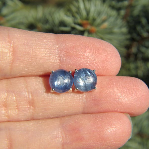 Clous d'oreilles en cyanite bleue en argent sterling | lisse rond | 8 mm