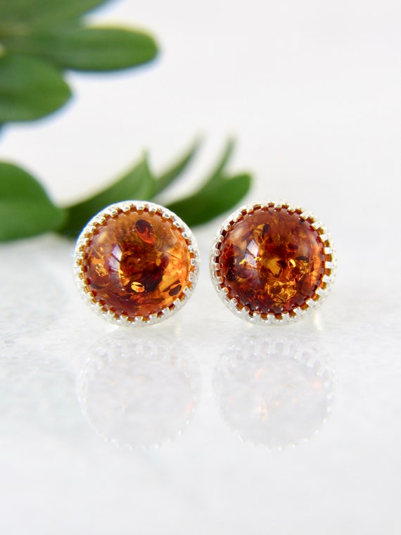 STUD EARRINGS STUD AUTHENTIC COGNAC BALTIC AMBER EARRINGS 925 STERLING SILVER