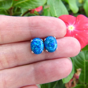 blue opal stud earrings in sterling silver - lake blue opal - opal studs - opal earrings - October birthstone - blue studs -  10x8mm oval