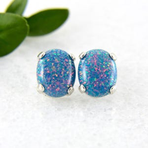 blue opal stud earrings in sterling silver - multi teal opal - opal oval studs - opal studs - opal earrings - October birthstone - 10x8mm