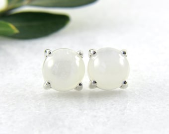 white moonstone stud earrings in sterling silver | smooth round | 8mm
