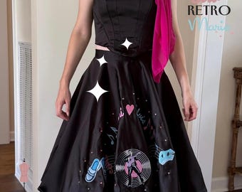 Black Satin Poodle Skirt Set: Bustier Circle Skirt Petticoat Barbie Costume (Made-To-Order)