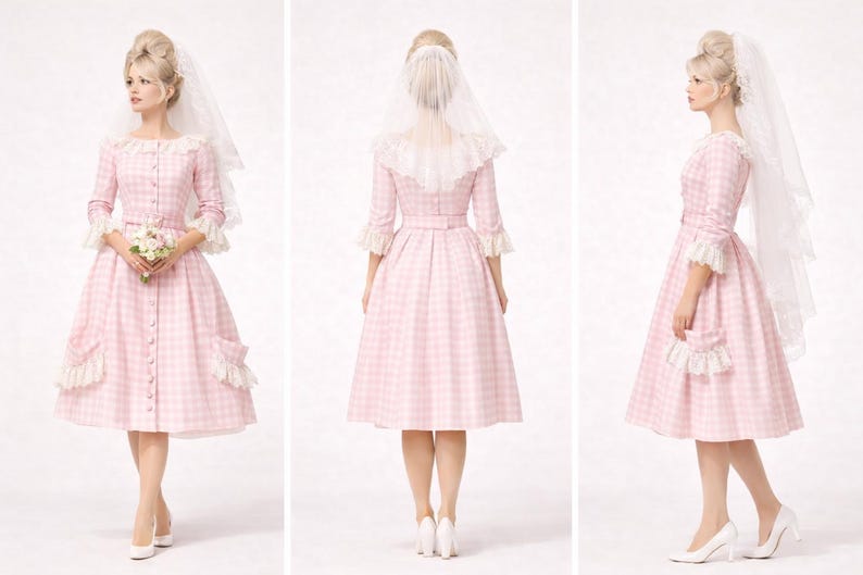 K&ouml;nnte beinhalten: Rosa-wei&szlig;es Vichy-Karo-Brautkleid mit Knopfleiste, langen &Auml;rmeln und Spitzensaum. Das Kleid hat einen ausgestellten Rock, Taschen und einen passenden G&uuml;rtel. Ein wei&szlig;er Schleier und ein Strau&szlig; vervollst&auml;ndigen den Braut-Look.