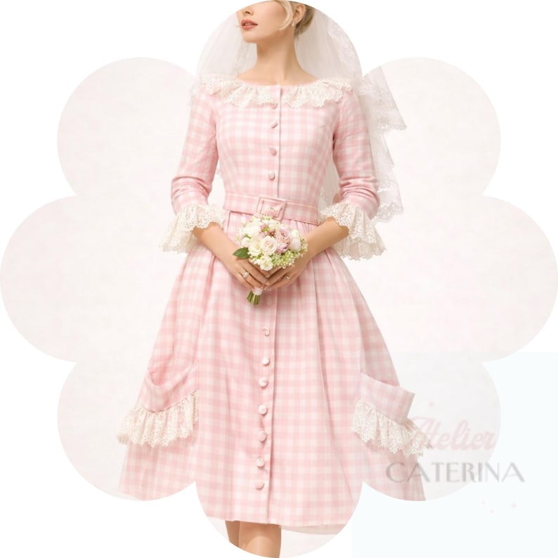 Pink Gingham Wedding Dress Brigitte Bardot inspired 1950s Country French Dress Bild 1