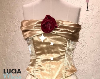 Gold Yellow Strapless Dress, Red Velvet Rose, Floor Length Skirt, Princess Belle Costume by Lucia & Marie (made-to-order)