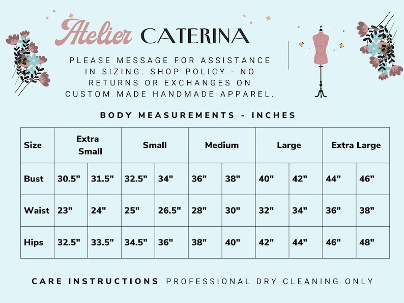 K&ouml;nnte beinhalten: Hellblaue Grafik mit dem Text "Atelier Caterina" und einer Ma&szlig;tabelle in Zoll. Die Tabelle enth&auml;lt Brust-, Taillen- und H&uuml;ftma&szlig;e f&uuml;r die Gr&ouml;&szlig;en XS bis XL. Pflegehinweis: Nur professionelle Trockenreinigung.
