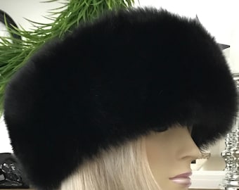 Women Beautiful Black Fox Fur Suede Hat Large