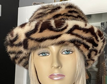 Women Beautiful Leopard Print Authentic Mink fur Hat w/Brim Small