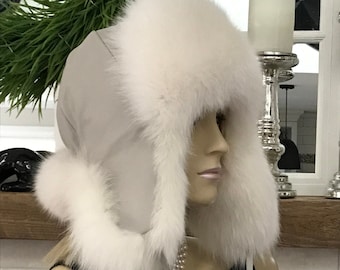 Women Authentic WHITE FOX fur LEATHER Trooper Hat