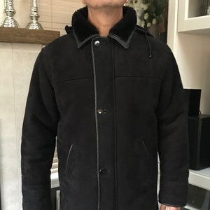 Men Black SHEARLING Sheepskin Fur 3/4 Coat Jacket w/Hood Sz. 42-44 Made in Canada