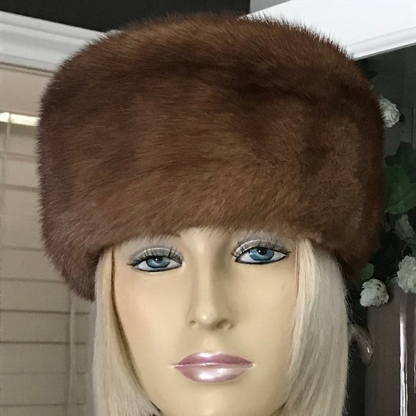 Women Beautiful Demi Buff Mink Fur Brown Suede Leather Hat Small