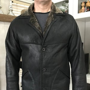 Heren: zwarte LPuomo LAMB SHEARLING schapenvachtbontjas, mt. 42