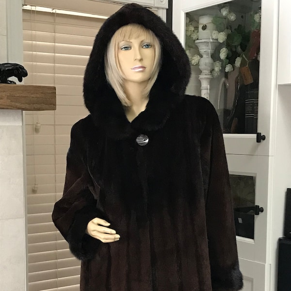 Women Beautiful Dark Brown Sheared Mink Fur 3/4 Coat w/Hood Sz. 10
