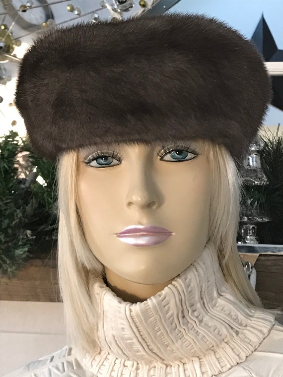 Women Beautiful Grey MINK Fur Black Patent Leather Hat Small  display picture 2