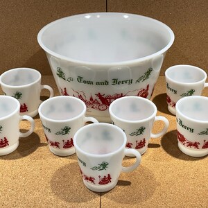 Vintage Hazel Atlas Tom & Jerry Milk Glass Eggnog Punch Bowl and 7 Cups Set