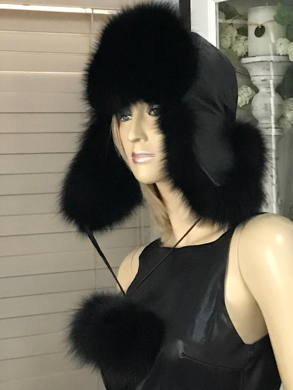 Women Authentic BLACK FOX Fur LEATHER Trooper Hat - Etsy display picture 2
