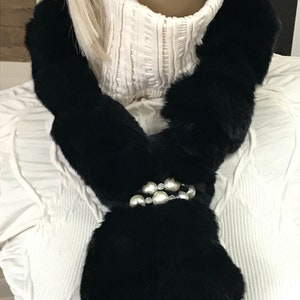 Women Beautiful Black Rex Rabbit Fur Scarf w/beads